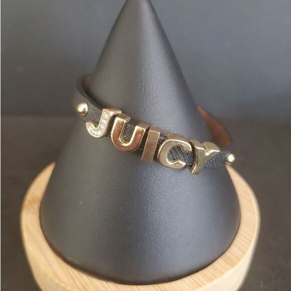 Juicy Couture Bracelet Black Faux Leather Gold Tone Letters with Crystal Accents - Picture 1 of 6
